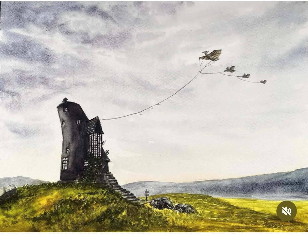 A signed watercolour painting of the Lovegood's house from Harry Potter, depicted in a natural landscape setting with a bird in flight.