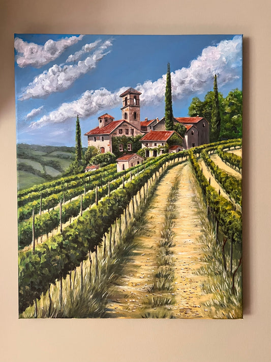 Painting of a Tuscan-style villa with vineyards and cypress trees.