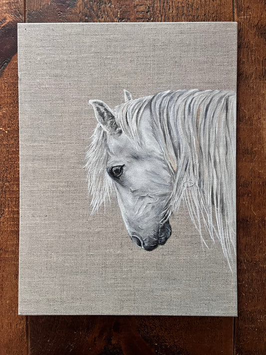 Black and white drawing of a horse's head on a textured gray background